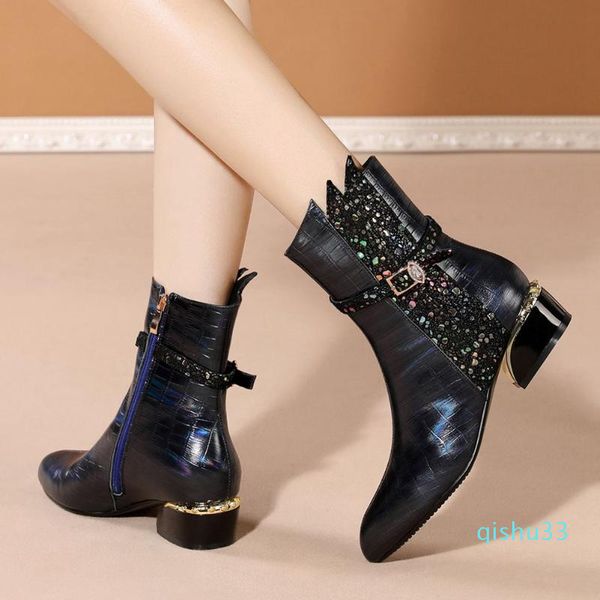 

wholesale-boots lapolaka 2021 design genuine cow leather bling shoes ladies female comfy zipper shiny trendy ins, Black