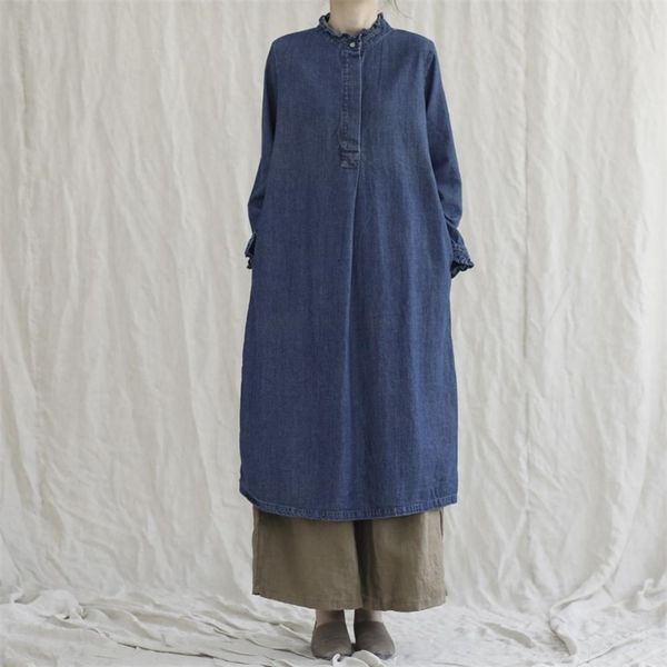 

casual dresses vintage stand collar long sleeve retro denim autumn 6195-w nq7n, Black;gray