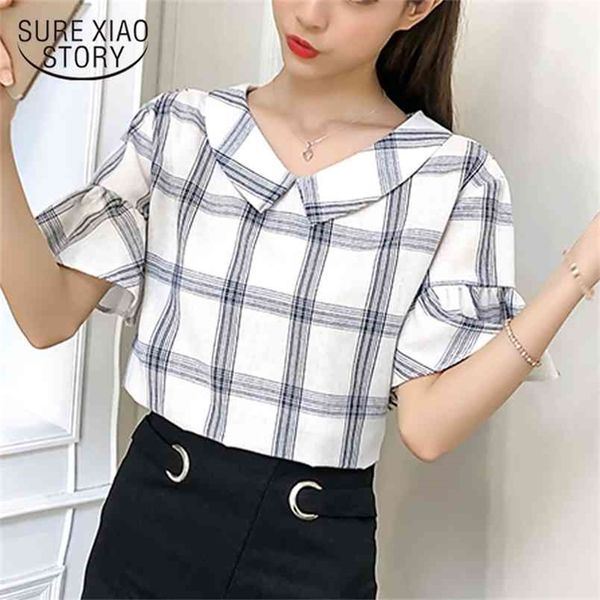 

fashion sweet lady short sleeved blouses plaid women peter pan collar clothing summer casual shirts 0426 40 210506, White