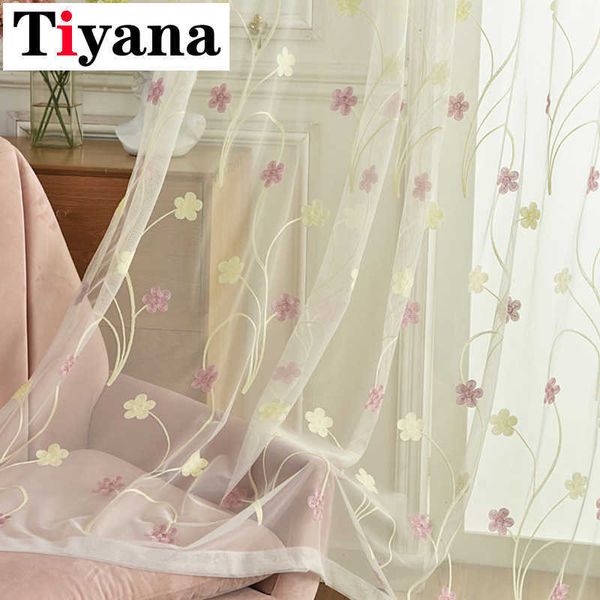 Flor rústica cortina branca bordada para sala de estar sheer tela de janela rosa flor tule drapees para cozinha rdeaux zh009x 210712
