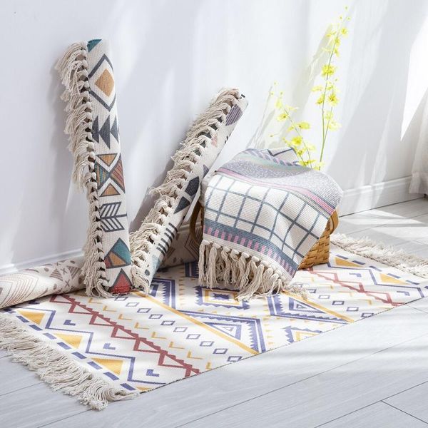 

nordic bohemia cotton linen small carpet ethnic style door foot geometric rug bedroom non-slip mat household for living room carpets