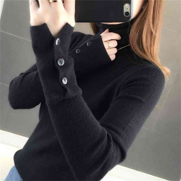 

jmprs autumn women turtleneck sweater fashion winter pullover slim knitted long sleeve button jumper lady basic 210914, White;black