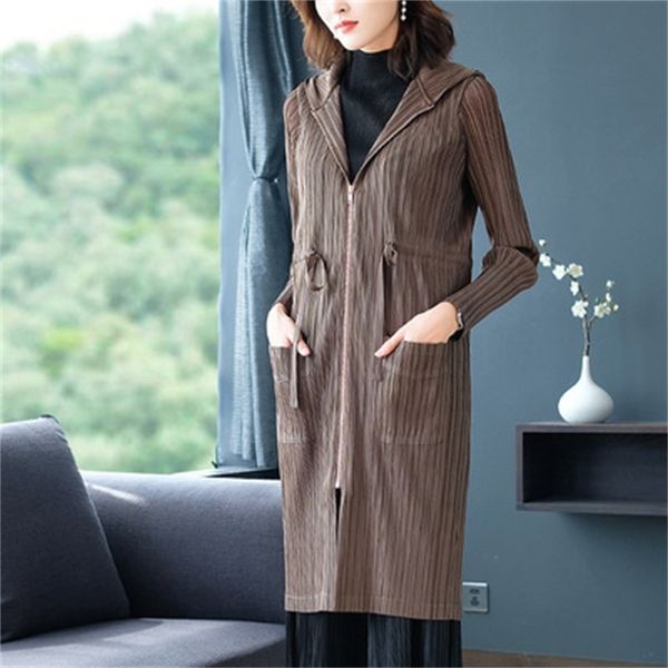 

coats fashion fold long sleeve adjustable waist hooded trench coat, Tan;black