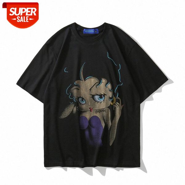 

cartoon printed short-sleeved t-shirt men's ins european and american round neck five-point sleeve street loose pullover compassionate, White;black