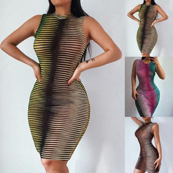 

casual dresses 2021 bodycon dress printed hollow out women round neck sleeveless vest for club, Black;gray