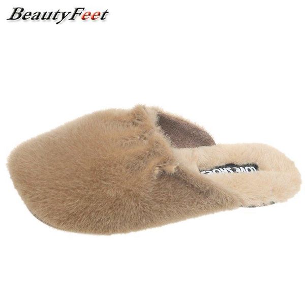 

warm plush slippers women shoes woman slides 2021 autumn winter fashion lazy cover toe half fur plus size, Black