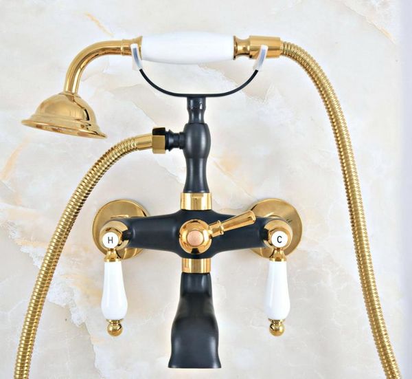 

black gold color brass wall mount bathroom tub faucet dual ceramic levers telephone style hand shower clawfoot filler ana412 sets