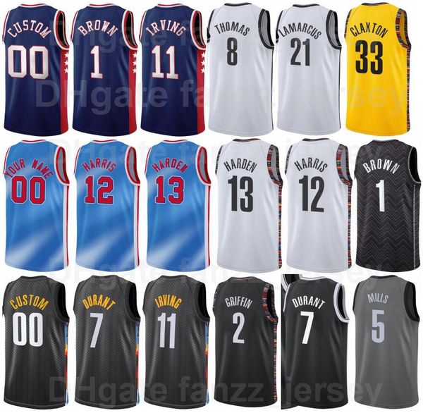 

screen print basketball james harden men nba's jersey 13 kyrie irving 11 kevin durant 7 joe harris 12 blake griffin 2 bruce brown 1 bla, Black;red