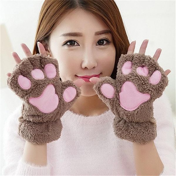 

five fingers gloves visnxgi women girls lovely winter warm fingerless fluffy bear cat plush claw half finger men stretch knit mittens, Blue;gray