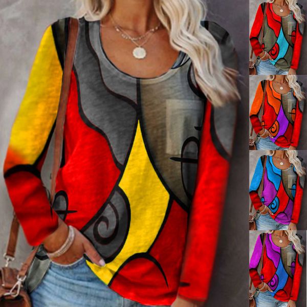 

aw2021 contrast stitching geometric print casual long sleeve t-shirt women, White