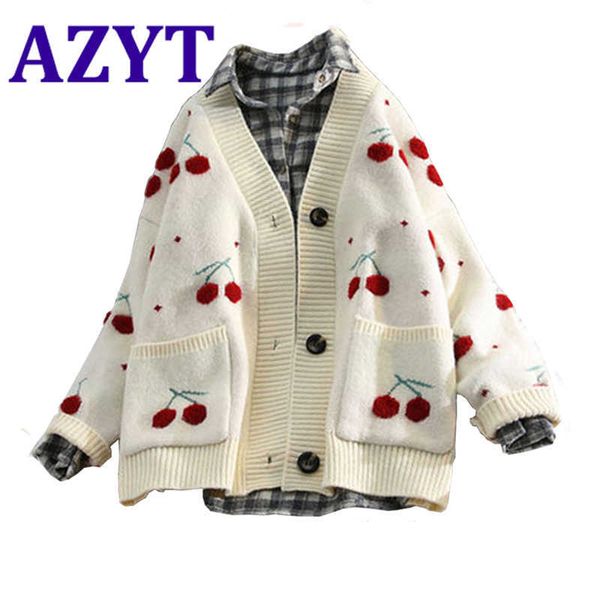 

azyt fruit cherry embroidery knitted cardigan autumn v neck oversize woman sweater cardigan jacket winter warm knitwear 210928, White