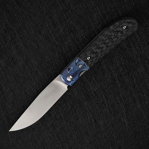 Smke Knives Custom Bull Trapper Front Flipper Pocket Folding Knife S90V Satin Blade Timascus Carbon Fiber Handle Tactical Survival Knife