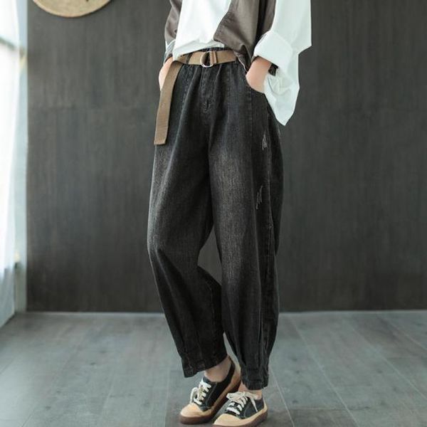 

pants 2021 autumn comfortable all-match women leisure full length retro cotton elastic waist denim harem women's jeans, Blue
