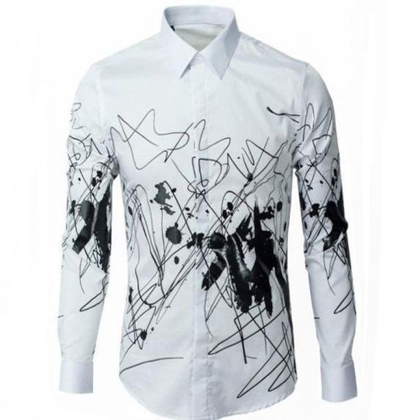 

men's casual shirts mens luxury allover printed long sleeve dress plus size 3xl fashion slim fit man, White;black