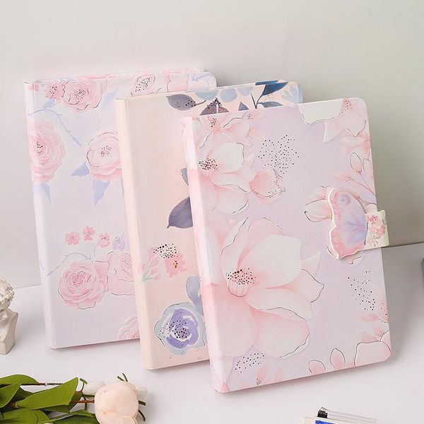 

hardcover color flower creative notebook 32k lovely girl writing diary planner book magnetic buckle colored blank pages notepads, Purple;pink