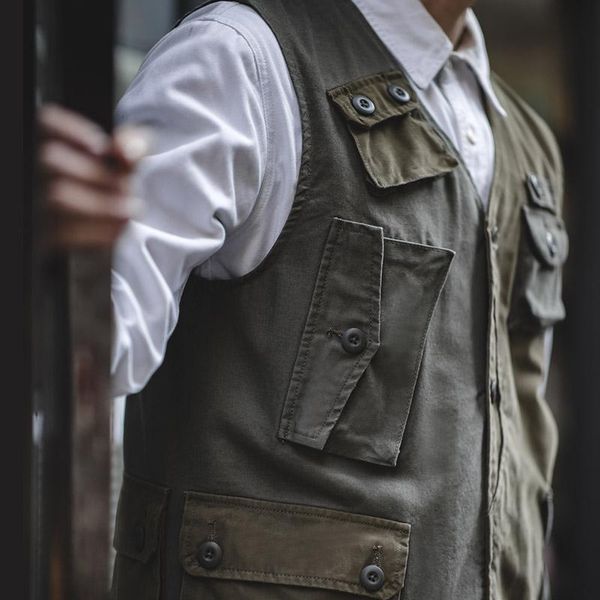 

men's vests men tooling japanese retro stitching vest safari multi-pocket fisherman jacket military waistcoat, Black;white