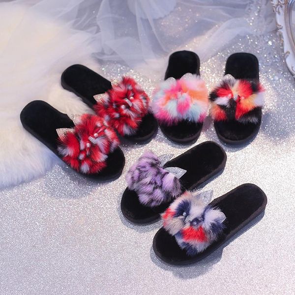 

slippers home women slip-on furry flat plush color open toe keep warm shoes indoor bedroom non-slip soft floor, Black
