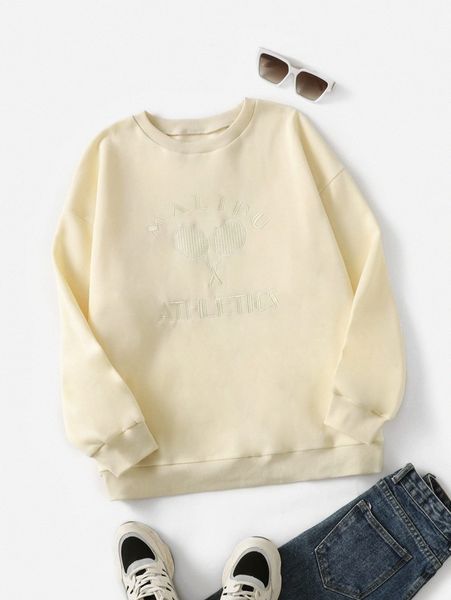 

plus tennis racket and letter embroidery thermal lined sweatshirt q80j#, Black