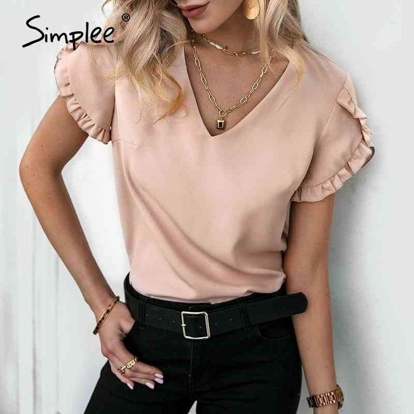 

simplee light apricot ruffled short-sleeved t-shirt casual chiffon vneck summer women solid office lady short female t-shirt 210408, White