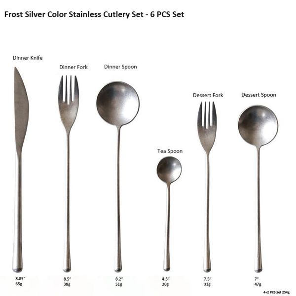 

frost silver 304 stainless steel cutlery set tableware serving fish knife cake salad fork sugar spoon silverware 6 pcs dinnerware sets
