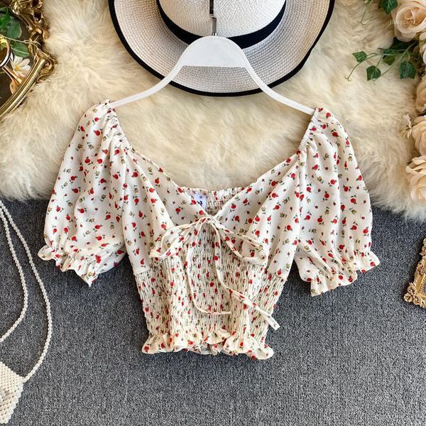 

women's blouses & shirts women chiffon skinny shirt puff sleeve square collar frenulum broken flower print ruffles trend 2021 elegant s, White