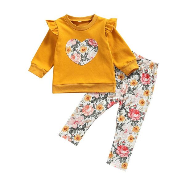 

clothing sets 2 pcs infant casual outfits, baby girls heart flower print sleeve round neck pullover + pants, White