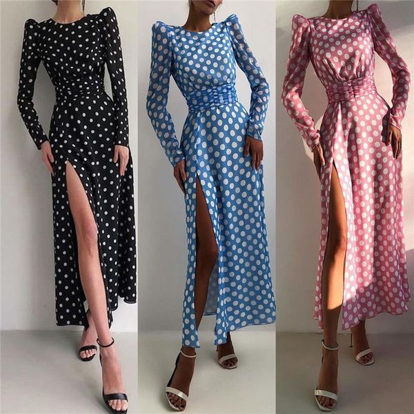 

casual dresses plus size party night long sleeve autumn maxi for women 2021 dot backless dress, Black;gray