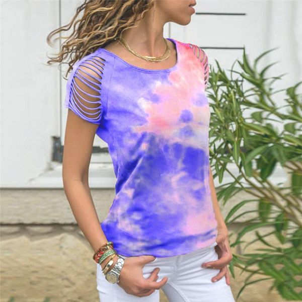 

hollow out tie dye tee women t shirts summer multicolor short sleeve, White