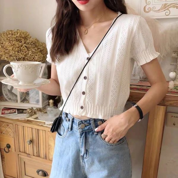 

t-shirt high profile cotton knitted cardigan women's summer new hollow out waist short sleeve t-shirt women, White