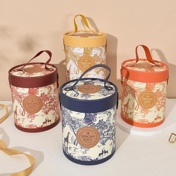 

gift wrap floral print paper box widely applied round shape lid hug bucket florist packaging for party wedding supply