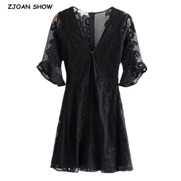 

casual dresses 2021 spring women black perspective mesh hollow out embroidery short dress slim fit package hips party v43k, Black;gray