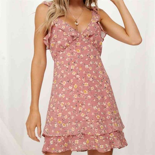 

summer casual women dress lotus leaf decoration flower print v-neck harness vestidos 210430, Black;gray