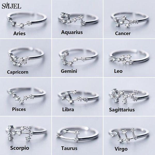 

sterling silver elegant zodiac sign finger rings for women adjustable cz zircon ring 12 constellation jewelry female gift cluster, Golden;silver