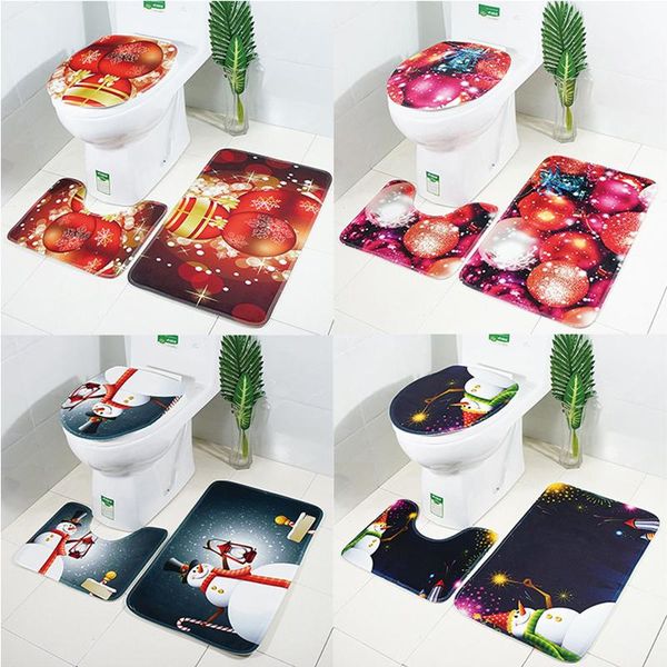 

bath mats christmas floor pad bathroom non-slip mat carpet printing flannel toilet bell set absorbent door rug home decoration