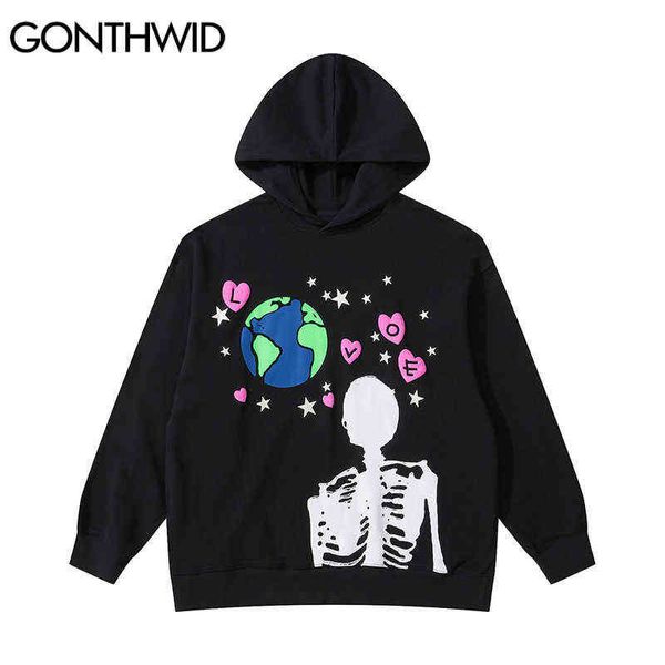 Gonthwid hip hop hoodie moletom streetwear terra esqueleto impressão punk gótico inverno harajuku algodão preto 211106