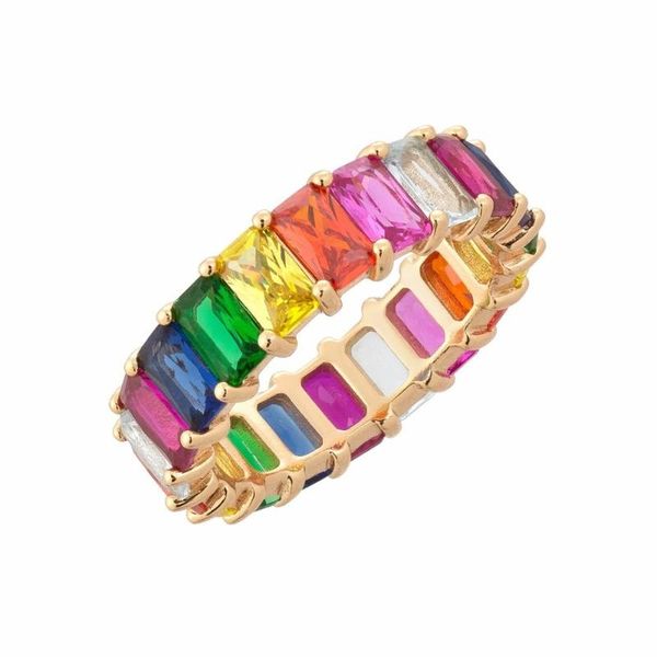 

wedding rings gold filled fashion jewelry rainbow square baguette engagement ring for women colorful cubic zirconia cz eternity band, Slivery;golden