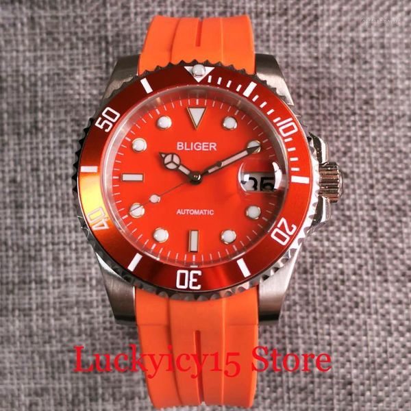 

wristwatches orange nh35a movement selfwinding men wristwatch curved end rubber band sapphire glass magnifier see-through back, Slivery;brown