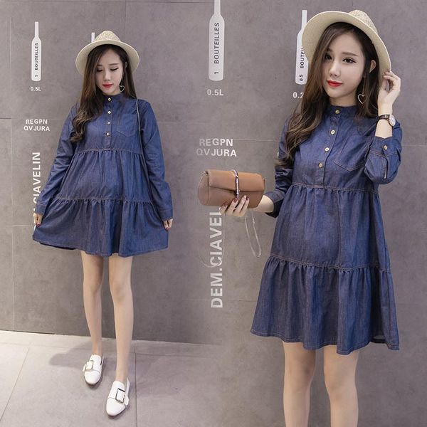 

maternity dresses wear 2021 autumn dress denim loose long-sleeved top, White