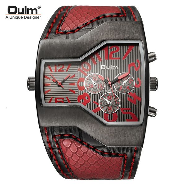 

watch oulm quartz personality men's double time zone fashion large dial belt style, Slivery;brown