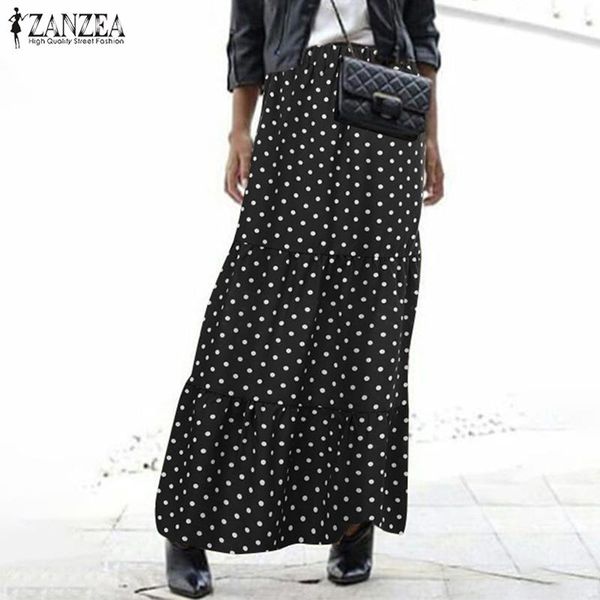 

skirts women's printed ruffle vestidos zanzea 2021 stylish polka dots casual summer elastic waist maxi female faldas saia, Black