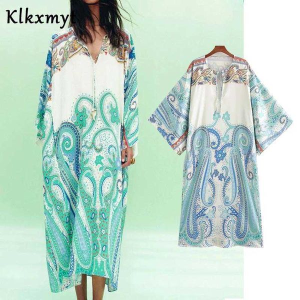 

klkxmyt za summer dress women fashion blue printed oversize long flare sleeve casual party vestido elegant v-neck dresses 210527, Black;gray