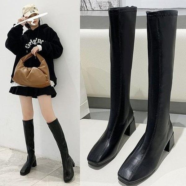 

boots women knee high pointed toe square heels 5cm zip slim non-slip british big size winter casual, Black