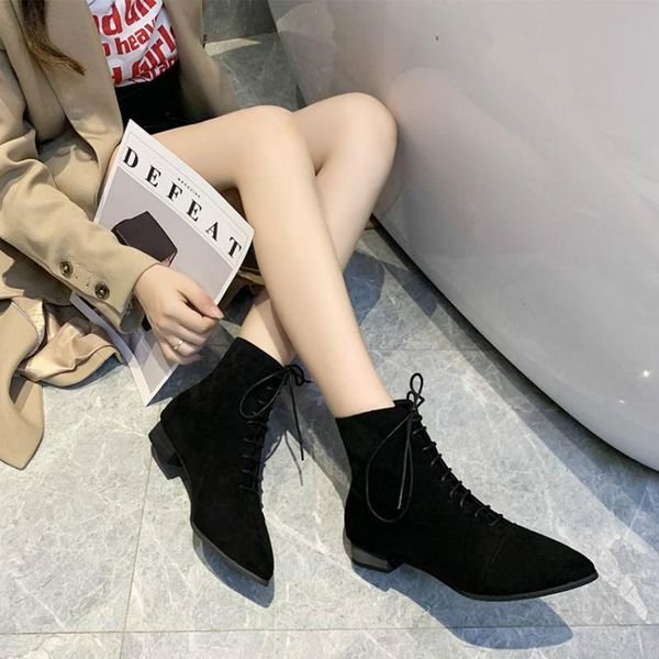 

boots 2021 winter ladies pointed thick with wild black ankle female suede side fashion lace short mujer