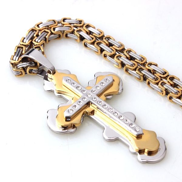 

pendant necklaces stainless steel necklace 5mm byzantine chain christian jewelry jesus crucifix men's cross for men, Silver