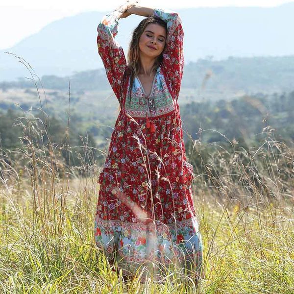 

inspired red floral print long v-neck tassels spring summer plus size women bohemian dress new 210412, Black;gray