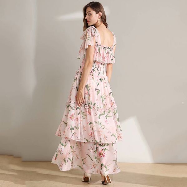 

dress seqinyy babados in cascade ed chiffon 2021 spring summer romantic fashion design lily flowers elegant printed pink, Black;gray
