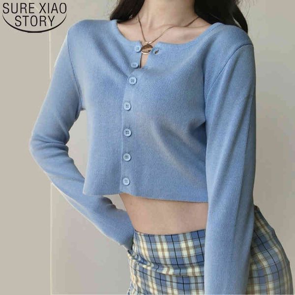 Primavera coreana alta cintura único botão breasted up sólido manga comprida mulheres tops de malha cardigan curto suéter de fundo 12820 210417