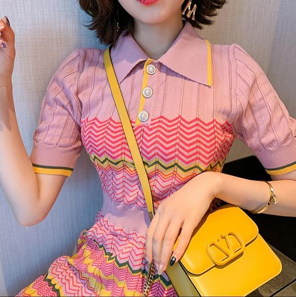 

chic fashion geometric pattern summer women knitted short sleeve pearl buttons slim woman es vestidos, Black;gray