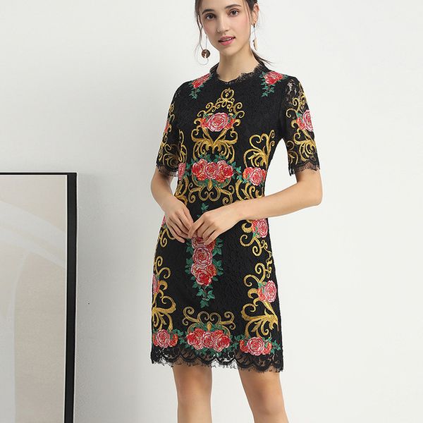 

casual dresses 2021 of the summer women embroidered in fancy floral lace stylish a-line b535, Black;gray