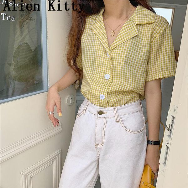 

women's blouses & shirts alien kitty retro summer fresh simple women elegant vintage students loose plaid short sleeves all-match sweet, White